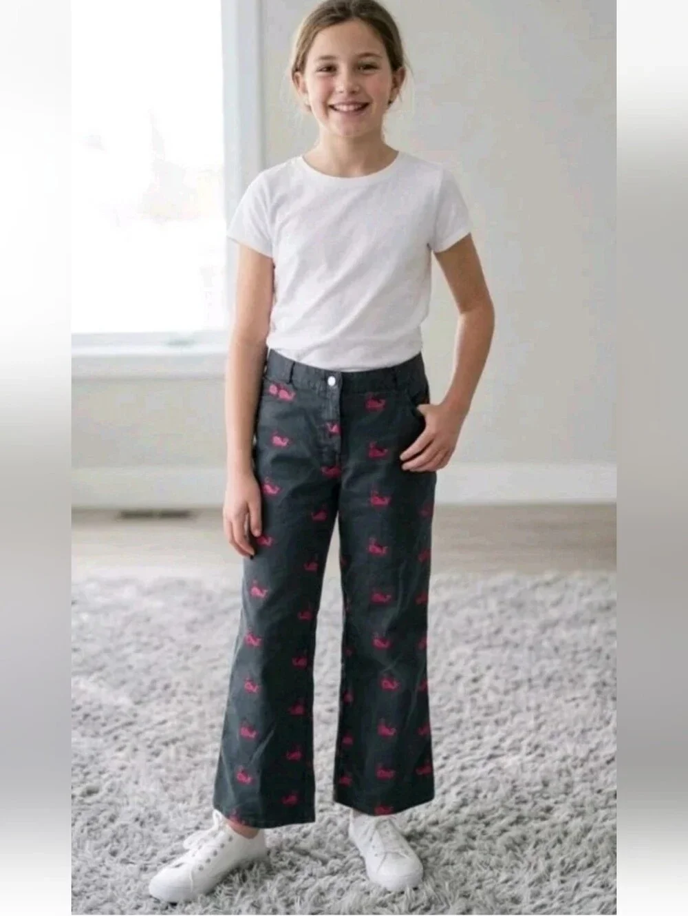 Lilly Pulitizer Girls Gray Pink Whale Embroidered Chino Straight Leg Pants 14